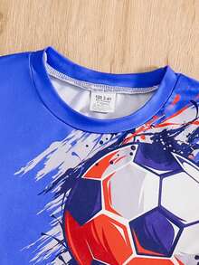 2pcs/Set Young Boy Fashionable Outdoor Casual Football Print Short Sleeve Knit Thin Tee And Solid Color Elastic Waist Thin Shorts, Breathable Sports Outfit For Summer - Blue - View 3