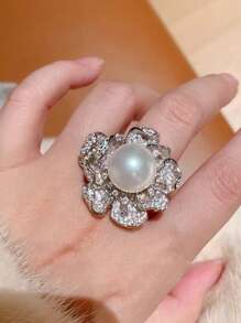 1 PC Gorgeous Cubic Zirconia & Faux Pearl Ring For Women For Mother's Day Gift Party Jewelry