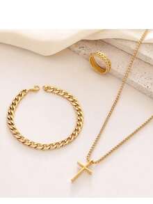 Set de 3 piezas con collar, pulsera y anillo con cruz, popular en Europa y América - Multicolor - Ver 13