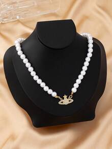 1pc Women's Fashionable Sparkling Heart Star Pearl Necklace With Earrings Set, Gold Tone - White - View 3