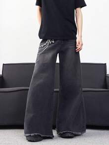 1pc Men's Casual Retro Washed Distressed Jeans, Loose Wide Leg Trousers - Black - View 5