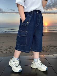 Boys' 3/4 Length Denim Cargo Pants, Summer - Blue - View 6