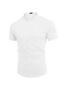 Men's Short Sleeve Dress Shirt With Slim Priest Collar - 白色 - 查看 3