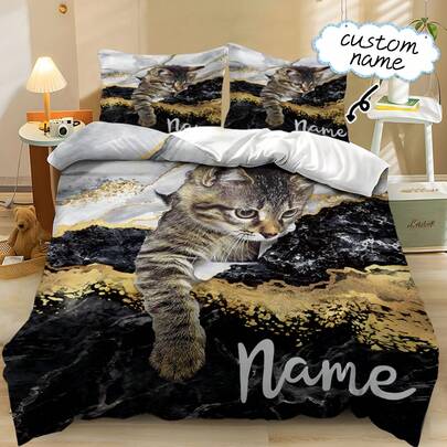 2/3pcs Soft And Comfortable Comforter Set With Cat And Black Gold, White Gold Marble Texture, Customizable With Your Name, Kawaii Cat Bedding Set, Polyester Comforter Pillowcase Pillowcase Pillow Two/Three Pieces (1*Comforter + 1/2*Pillowcase, No Core), Suitable For Family Bedroom, Guest Room, All Seasons
