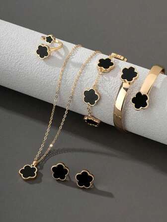 Set di 5 pezzi di gioielli per donna con quadrifoglio fortunato, includerrecelet, collana, orecchini, bracciale e anello, adatto per uso quotidiano, spose, San Valentino, regalo della Festa della Mamma