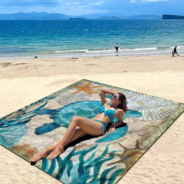 1pc Large Sea Turtle Print Beach Blanket - Waterproof, Sand-Resistant, Lightweight , Polyester, Bohemian Style, Ideal For Travel, Camping, Picnics, Turtle Decor Summer Travel, Vacation Holiday Bathroom Decor Beach Essentials