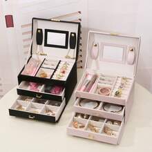 全新 PU 皮革珠宝盒，1 个 3 层双抽屉，带锁和镜子，旅行收纳盒，可容纳戒指、耳环、手镯、手表，是送给妻子、母亲、女朋友的最佳礼物，收纳盒旅行礼物，适合返校 - 彩色 - 查看 7