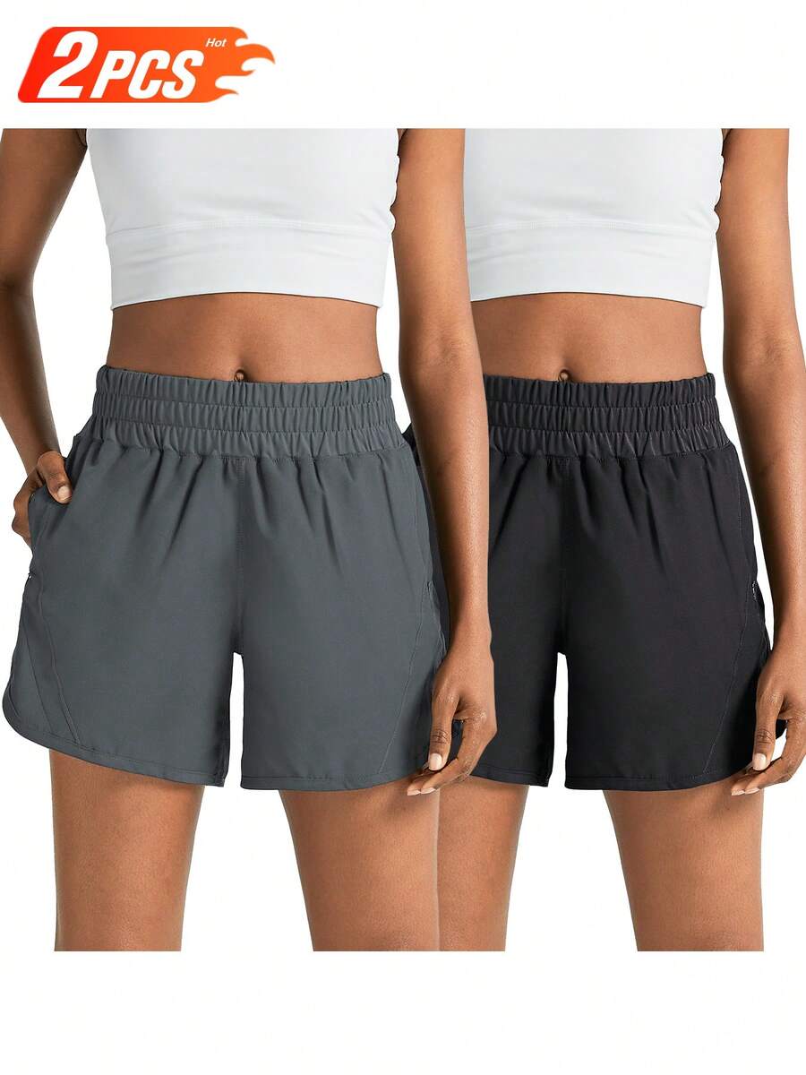 ZUTY 2 Pack  Athletic Running Shorts For Women 5" With Zipper Pocket High Waisted Quick Dry Workout Gym Shorts With Liner - 黑色深灰 - 查看 1