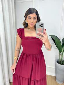 Women's Long Plain Dress With Ruffled Straps And Padded Bra - Color caoba - Ver 3