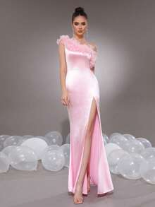 Modphy 性感粉色无袖不对称领口荷叶边修身缎面连衣裙，时尚女士伴娘礼服，正式晚礼服，派对礼服，适合婚礼宾客