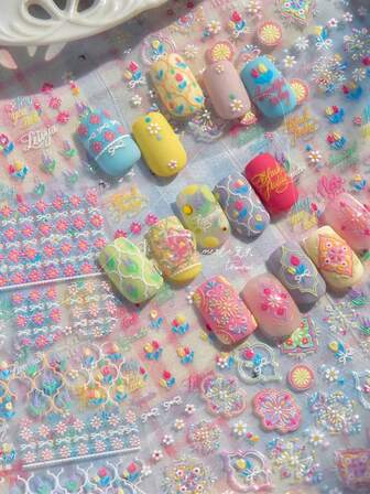 1 件装 5D 浮雕几何方形圆形图案图形姜黄香花园对称宫殿图腾粘贴指甲贴纸指甲装饰贴纸 DIY