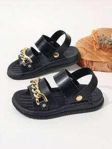 Kids' Sports Sandals With Rhinestone Chain, 2-Way Convertible Flat Beach Sandals - Black - View 1