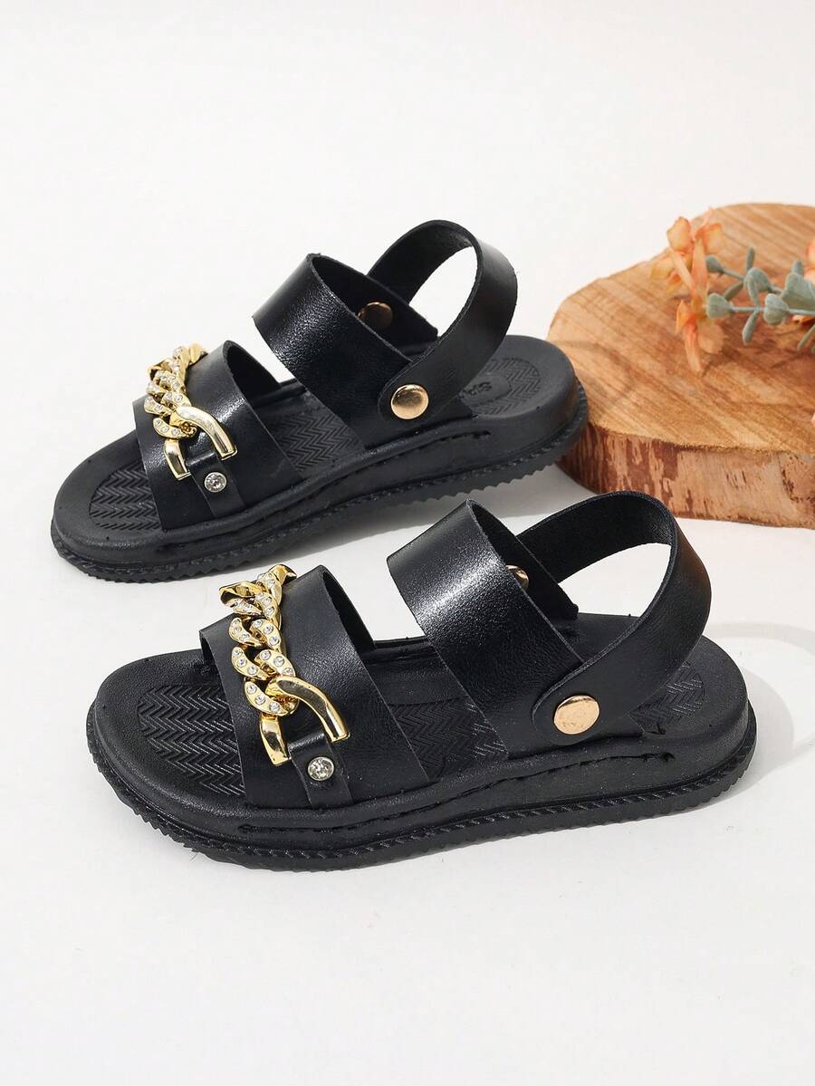 Kids' Sports Sandals With Rhinestone Chain, 2-Way Convertible Flat Beach Sandals - Black - View 1