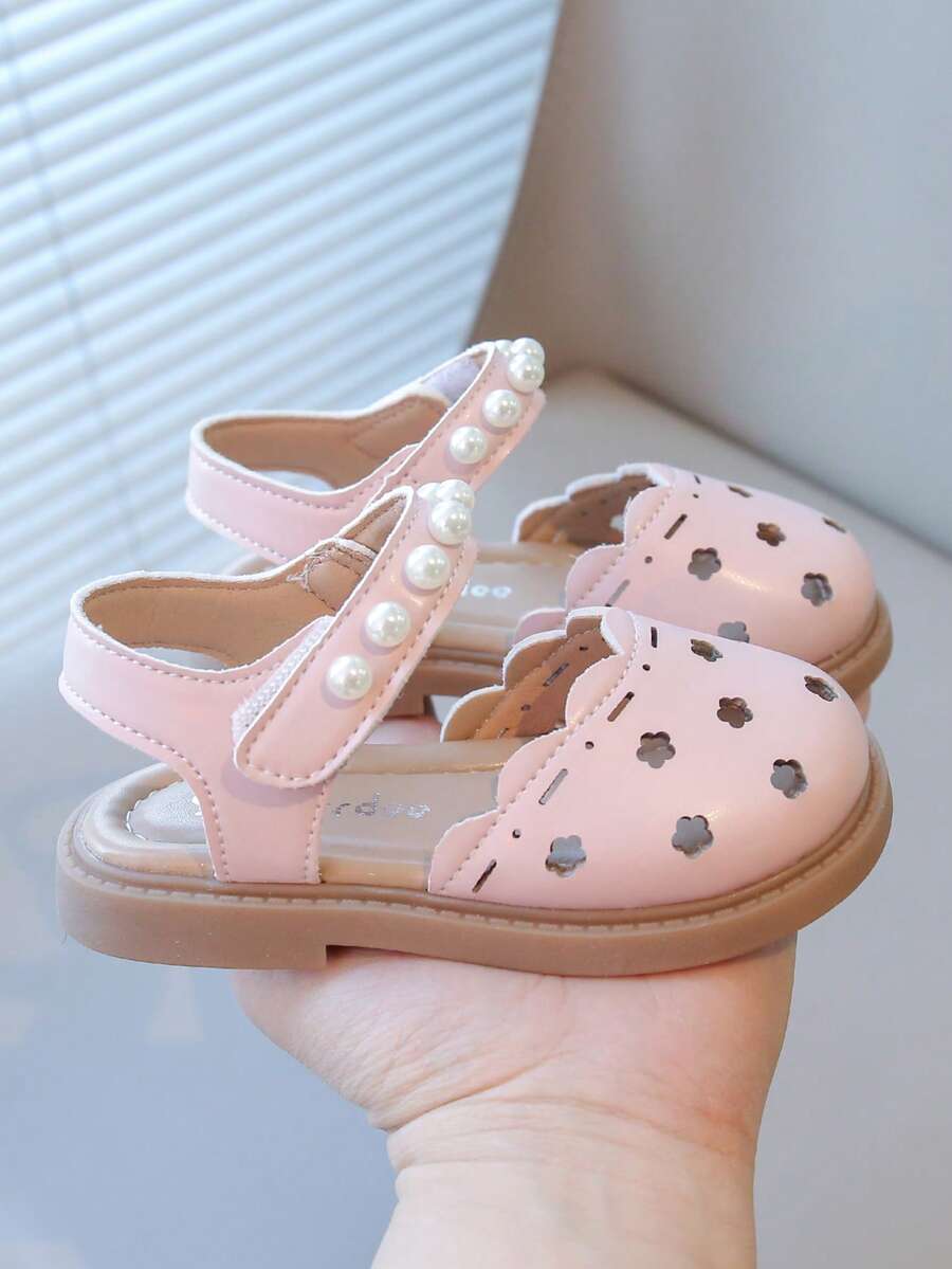1 par de sandalias de verano para niñas con diseño de princesa, puntera abierta y perlas, suela plana antideslizante y suave para bebés y niñas pequeñas - Rosa - Ver 1