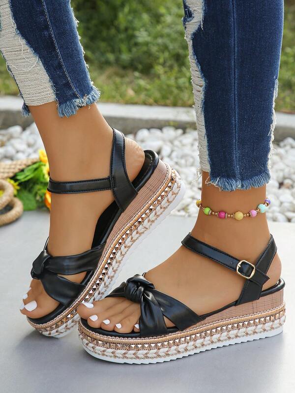 Women's Rivet Decor Ankle Strap Strap Sandals, Summer Elegant Vacation Style, Platform Thick Sole High Heel Waterproof Wedge Shoes