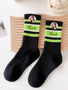 1Pair Striped Socks For Women's Mid-Tube Socks Ins Internet Celebrity Style Super Hot Versatile Sports Wear Solid Color Stockings Long Tube High Waist Personalized Text Customization