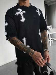 ANDREILEE Unisex Street Style Cross Jacquard Casual Distressed Loose Drop Shoulder Short Sleeve Knit Sweater, Spring/Summer - Black - View 2