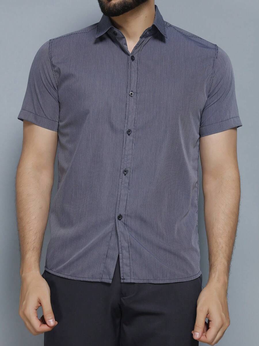 Short Sleeve Slim Fit Striped Dress Shirt, Does Not Wrinkle Easily - Grey - View 1