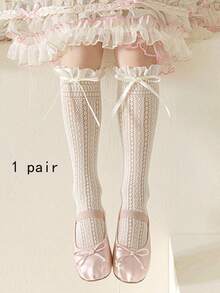 1 Pair Girls Lace Bow Knee High Socks, Thin Summer Lolita Ballet Style Korean Version For Little Kids