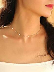 1pc Minimalist Faux Pearl Chain Necklace - Yellow Gold - View 5