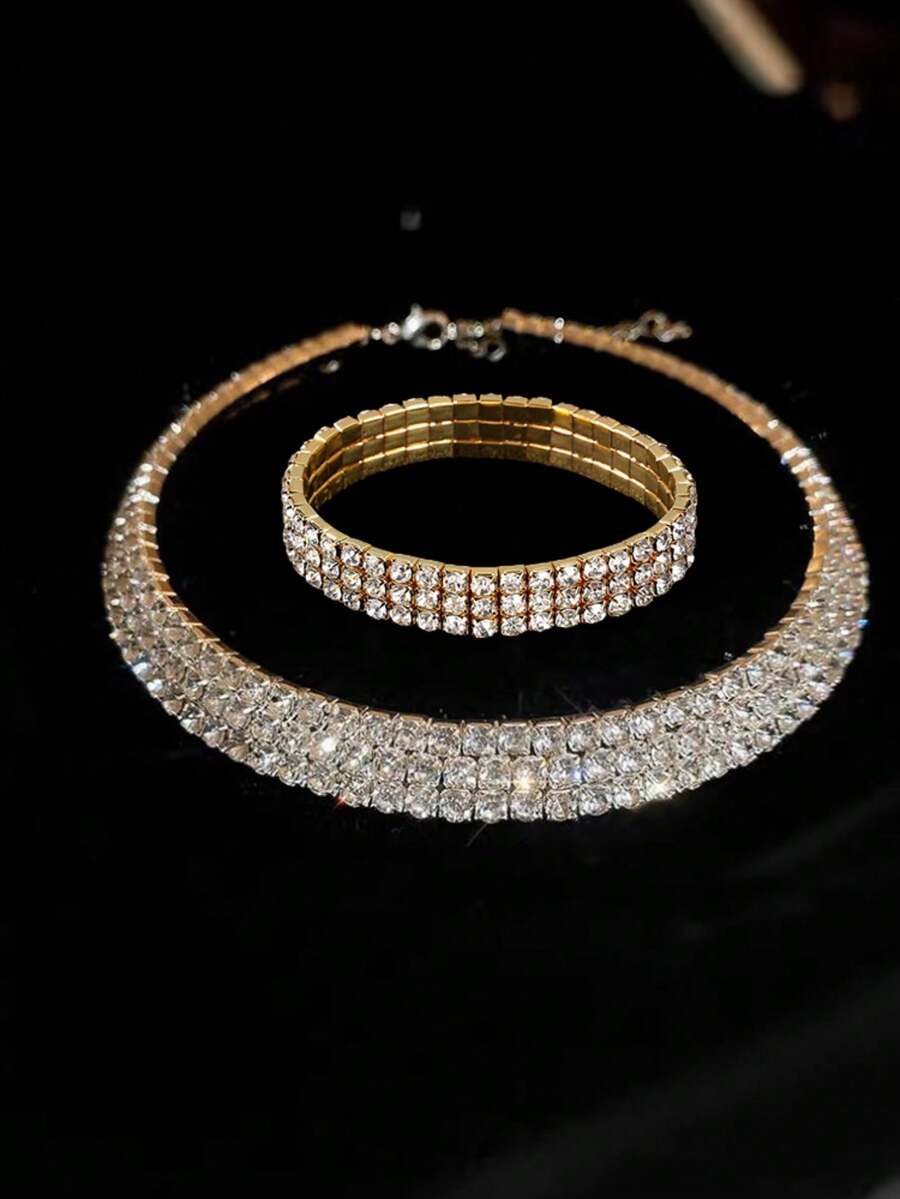 Women Fashion Rhinestone Necklace For Party,2Pcs/Set Necklace And Bracelet Jewelry Decoration Rhinestone Fashion Accessories Set,Women Alloy Pendant Necklace Bracelet And Earrings Set For Wedding And Bridal,Rhinestone Round Choker Necklace Gold/Silver - 手鍊/項鍊 3 金圈 - 查看 1