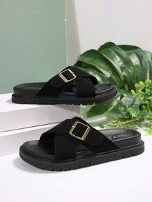 Women's Flat Slippers, New Summer Strap Crossover Buckle Black Beach Flip Flops, Outdoor Wear - Black - View 4