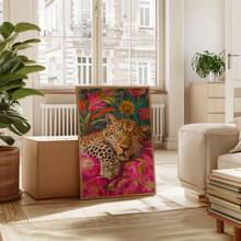 1pc Leopard Canvas Art Print - Frameless Vintage & Modern Wall Decor, Eclectic Maximalist Animal Art For Living Room, Bedroom, Or Home Office, Bold Pink & Green Retro Aesthetic