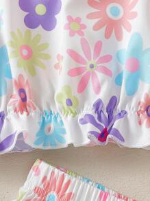 2pcs/Set Girls Summer Sleeveless Top And Shorts Set, Flower Print Tank Top + Ruffle Hem Shorts, Suitable For Home, Outings And Play