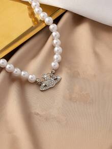 1pc Women's Fashionable Sparkling Heart Star Pearl Necklace With Earrings Set, Gold Tone - White - View 5
