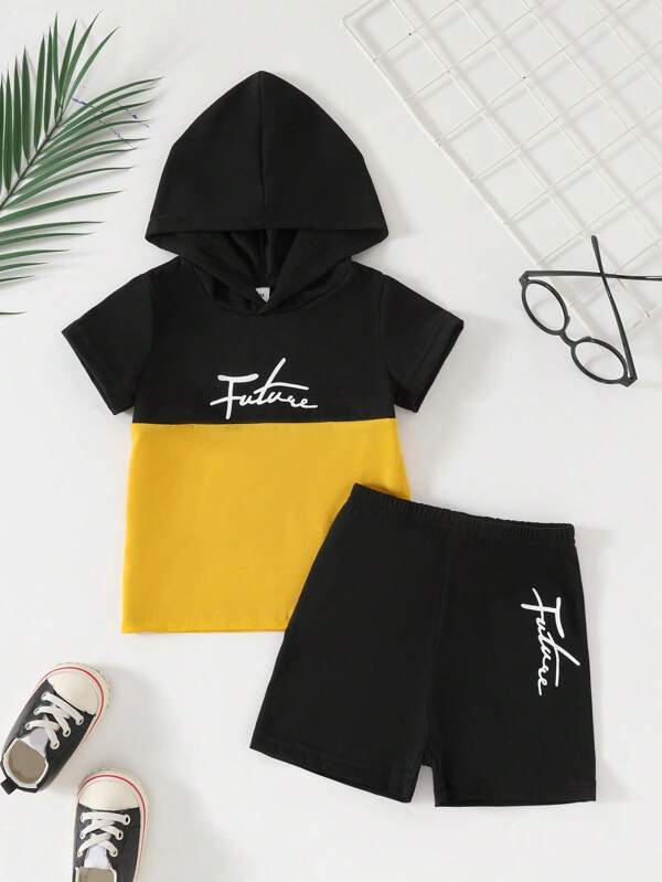2pcs Baby Boys' Summer Sports Short Sleeve T-Shirt And Shorts Set, Fashionable Contrast Color Letter Print Hooded Pullover