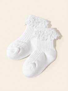3 Pairs White Lace Trim Socks, Pure White Design, Breathable & Soft, Fashion All Season, Spring/Summer/Autumn/Winter, Suitable For Baby Girls And Ballet - White - View 2