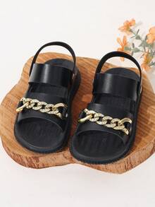 Kids' Sports Sandals With Rhinestone Chain, 2-Way Convertible Flat Beach Sandals - Black - View 2