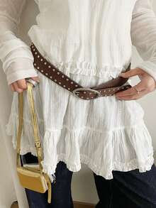 1 条女士咖啡色 PU 材质复古美式铆钉绒面革腰带，独特设计，适合夏季、秋季、万圣节