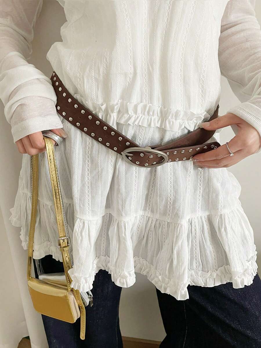 1 条女士咖啡色 PU 材质复古美式铆钉绒面革腰带，独特设计，适合夏季、秋季、万圣节