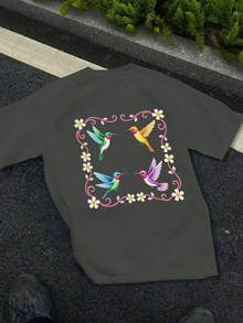 Four Hummingbirds And Eight Flowers Pure Cotton Women's T-Shirt Comfort Fit