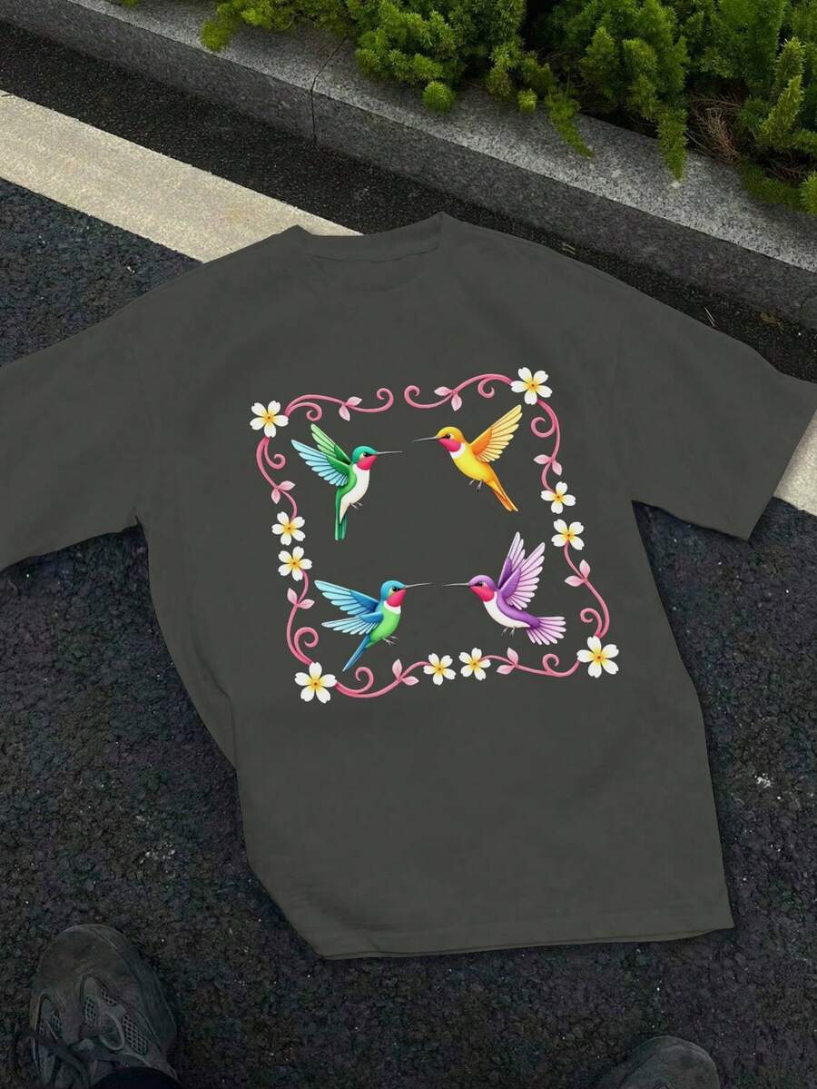 Four Hummingbirds And Eight Flowers Pure Cotton Women's T-Shirt Comfort Fit