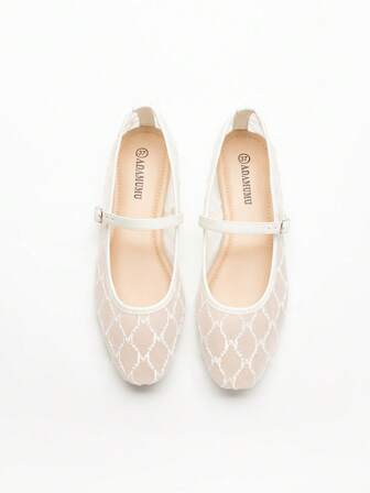 ADAMUMU Platta skor, Moderiktiga Dambalett, Broderad Spets Mesh Tyg Moderiktiga Dansskor, Enfärgade Andningsbara Platta Skor, Fyrkantiga Tå Ljusa Platta Skor, Moderiktiga Och Bekväma