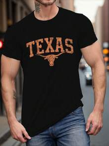 Playera informal de verano para hombre con estampado del logotipo del equipo Texas Longhorns, cuello redondo, mangas cortas, 100 % algodón, 220 g de algodón grueso - Negro - Ver 1