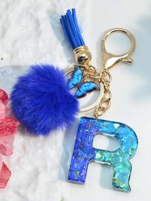 1 Móc khóa chữ cái tiếng Anh bằng nhựa Epoxy hình bầu trời đầy sao có tua rua và quả cầu lông trang trí, món quà đáng yêu cho bạn bè và các bà mẹ Phụ kiện ô tô Túi xách Ba lô cho trường học Dễ thương theo phong cách Goth Y2k - Tương phản màu xanh hoàng gia - Xem 24