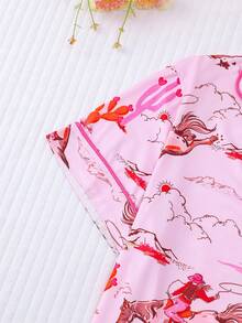 2 件套女式西部牛仔骑马数码印花睡衣套装，短袖上衣短裤，春夏季，翻领，纽扣休闲家居服套装 - 珊瑚粉 - 查看 5