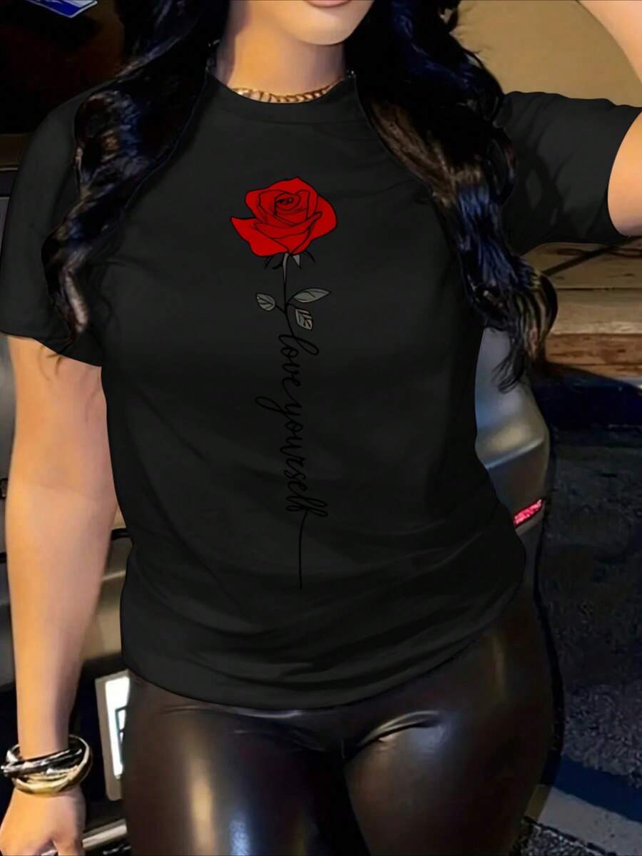 Camiseta casual de verano para mujer con estampado de rosas y eslogan, cuello redondo, manga corta, 100% algodón, algodón engrosado de 220 g - Negro - Ver 1