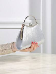 女士褶皱晚宴手拿包，优雅褶皱吻锁晚宴手拿包，闪亮金属框架单肩手提包，吻锁晚宴手拿包，适合派对、婚礼和宴会的完美手拿包，精致漆面方形晚宴手拿包，派对女孩手拿包，女士 - 銀色 - 查看 4