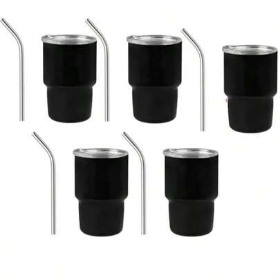 HappyWare Pack 5 mini vaso Shot Tequilero Caballito Acero Inoxidable 3oz, vaso de vino, con popote de metal y tapa reutilizable, vaso para bar regalos originales fiesta, regalos para hombre
