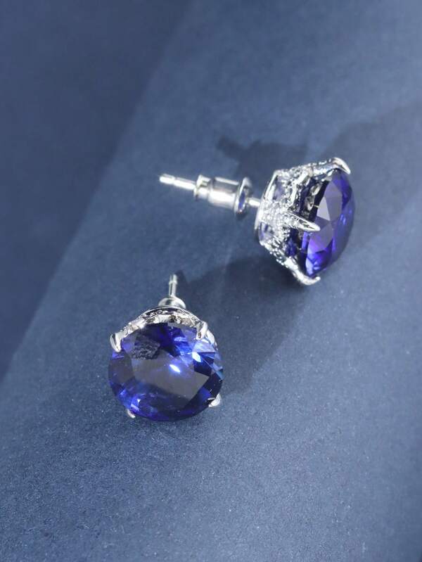 1 Pair S925 Sterling Silver Blue Earrings, 11mm Single Stone Round Stud Earrings With Large Carat Pointed Tanzanite, Gift For Men & Women, Mother's Day Gift
