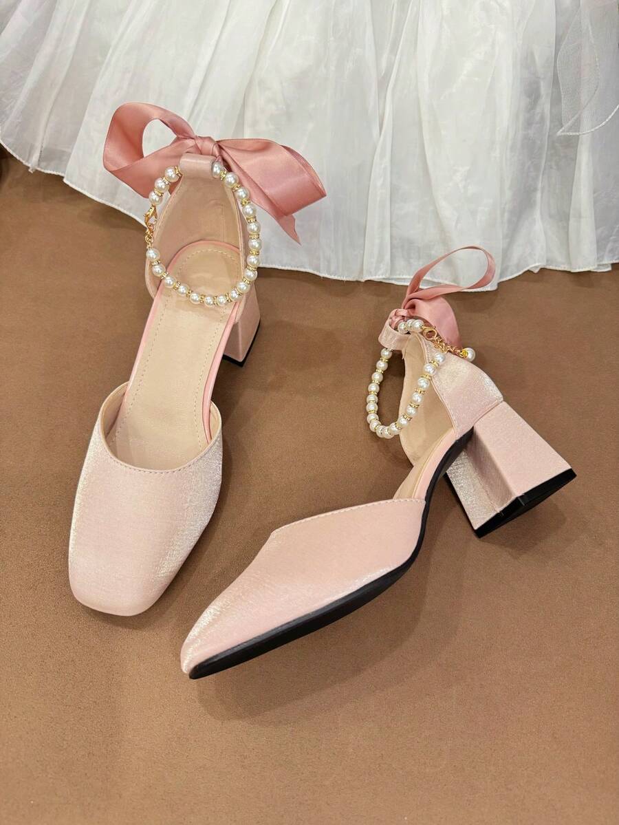 Teens' Square Toe Heels, Fashionable, Elegant, Comfortable Soft Material, Ribbon & Pearl Design, Basic Style Suitable For Various Occasions