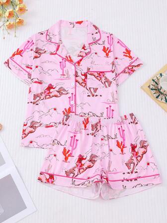 2pcs Women Western Cowgirl Riding Horse Digital Print Pajama Set, Short Sleeve Top Shorts, Spring And Summer, Turndown Collar, Button Up Casual Homewear Suit