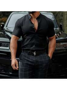 Men's Short Sleeve Dress Shirt With Slim Priest Collar - 黑色 - 查看 3