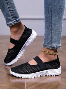 Women's Fashionable Versatile New Solid Color Mesh Slip-On Casual Sports Shoes, Spring/Summer - Black - View 5