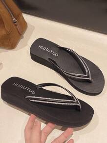 1 par de sandalias tipo chancletas con adornos de cristal, planas o con tacón medio, de estilo casual y fácil de poner, antideslizantes para uso en exteriores/playa, para estudiantes