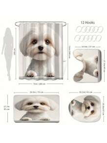 1 Peça/4 Peças Conjunto de Banheiro com Tema de Cachorro Fofo, Inclui Cortina de Chuveiro, Tapete Antiderrapante, Tampa de Assento Sanitário, Tapete de Banheiro e 12 Ganchos de Plástico - Lavável em Máquina, Decoração de Banheiro em Poliéster Impermeável, Adequado para Todas as Estações e Feriados - Conjunto de Acessórios de Banheiro com Tema Natural Volta às Aulas